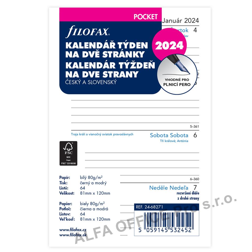 Náhradní vložka do diářů Filofax - kalendář kapesní týden / 2 strany