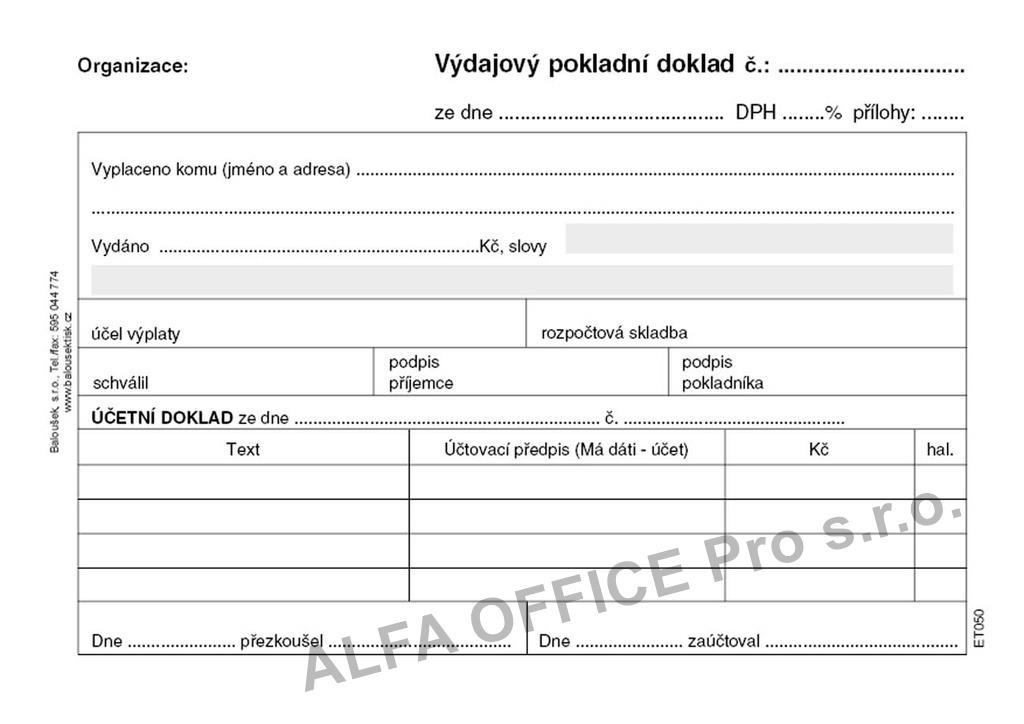 Výdajový pokladní doklad i pro podvojné účetnictví Baloušek A6 / nečíslovaný / 50 listů /