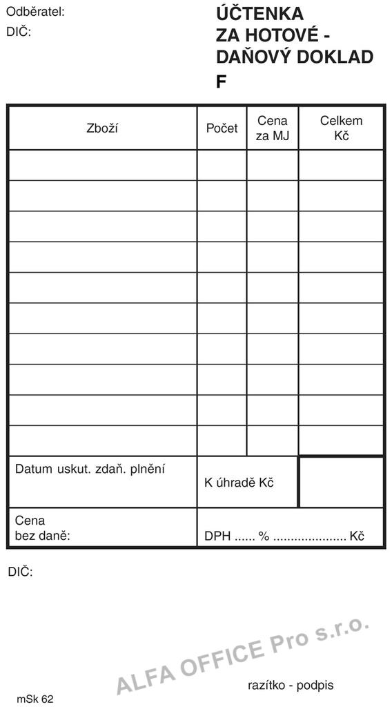 MSK 62 účtenka za hotové číslovaná 2 x 50 listů NCR