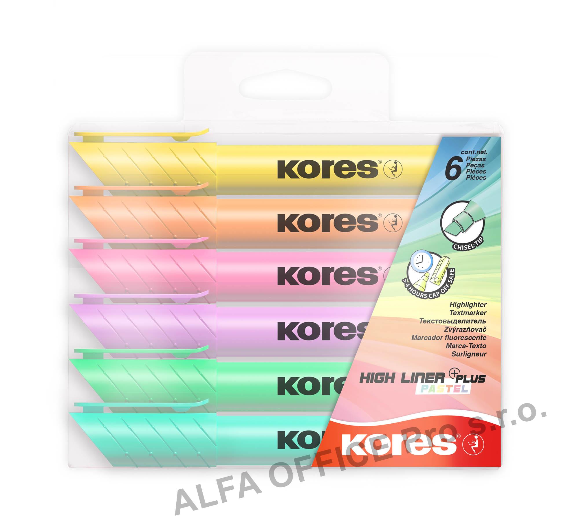 Zvýrazňovač Kores High Liner PLUS Pastel / sada 6 ks