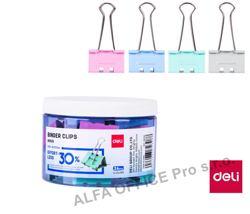 Klipy kovové pastelové DELI - 32 mm / 24 ks