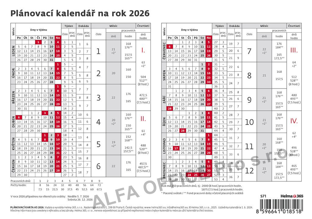 Plánovací kalendáře - Plánovací karta A5 / S71