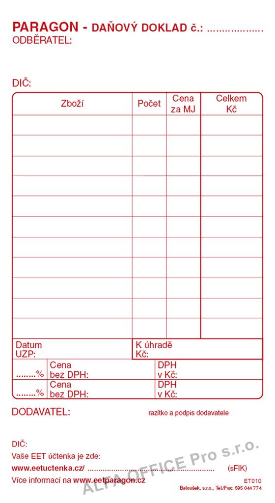 Paragon daňový doklad blok Baloušek 80 x 150 mm / nečíslovaný / 50 listů / ET010