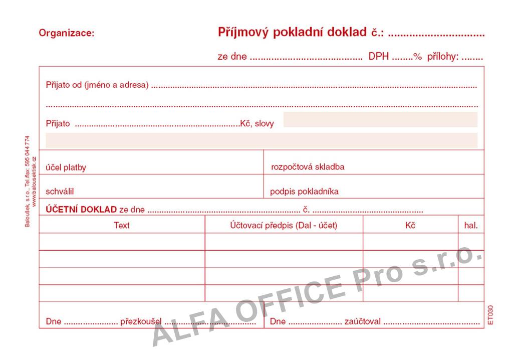 Příjmový pokladní doklad i pro podvojné účetnictví Baloušek A6 / nečíslovaný / 50 listů / 