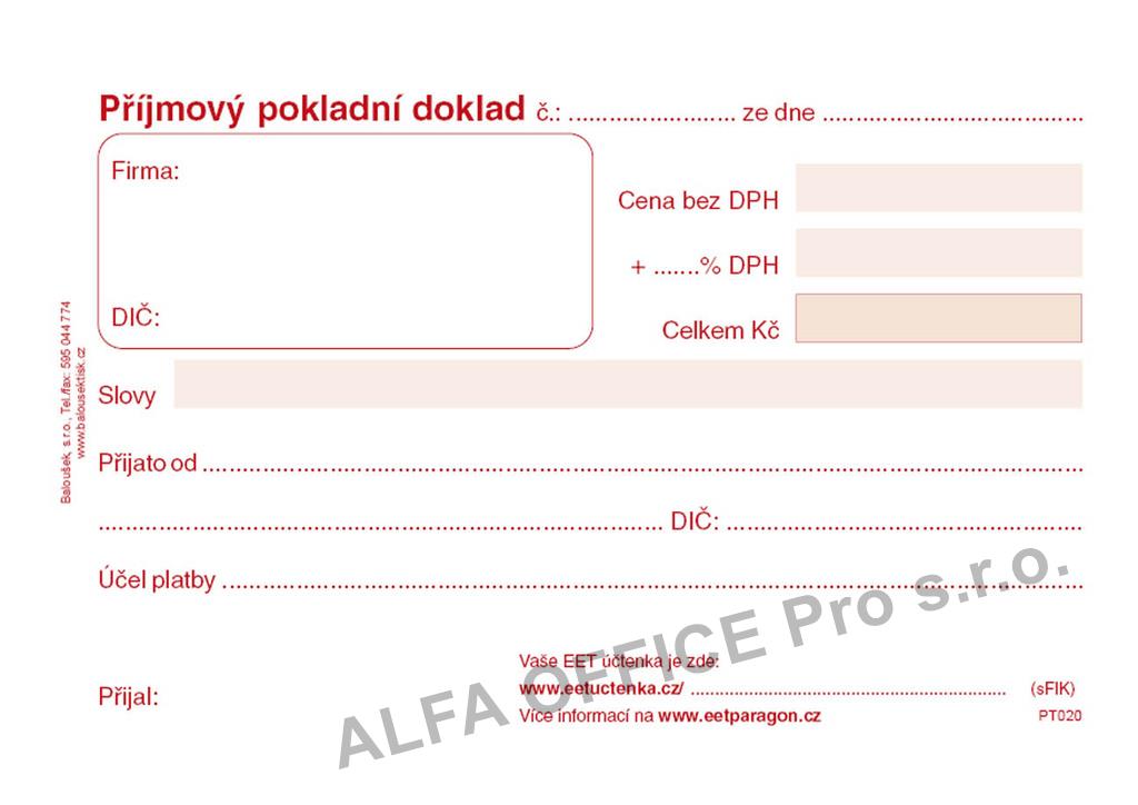 Příjmový pokladní doklad Baloušek A6 / nečíslovaný / 50 listů / NCR / PT020